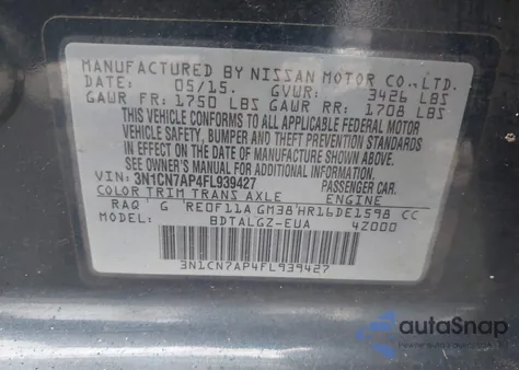 2015 Nissan Versa 1.6 Sl from USA, damaged, VIN 3N1CN7AP4FL939427